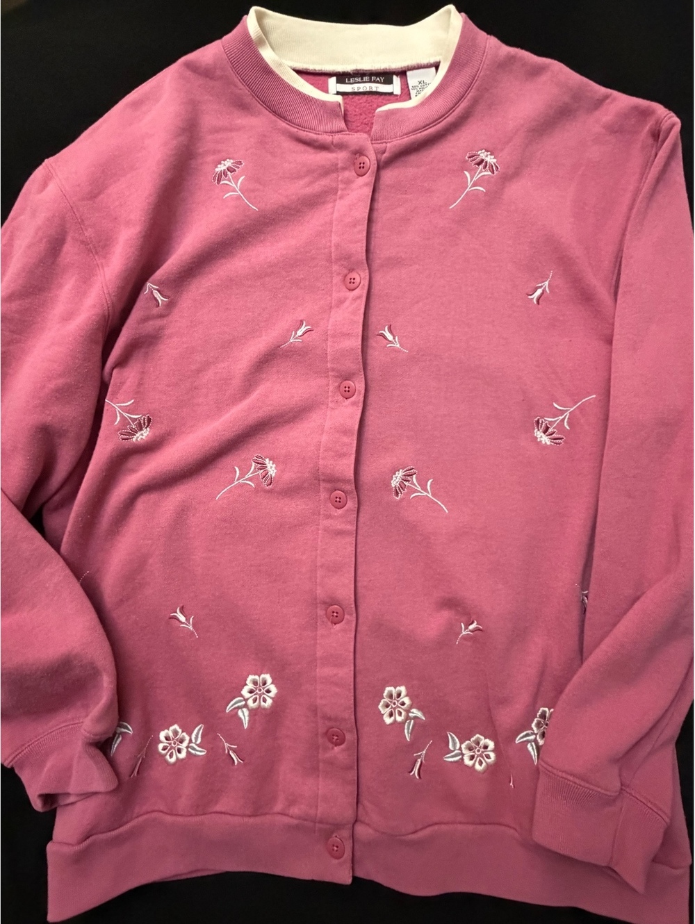 Leslie Fay Sport Pink Floral Embroidered Button-Up Sweatshirt Jacket XL